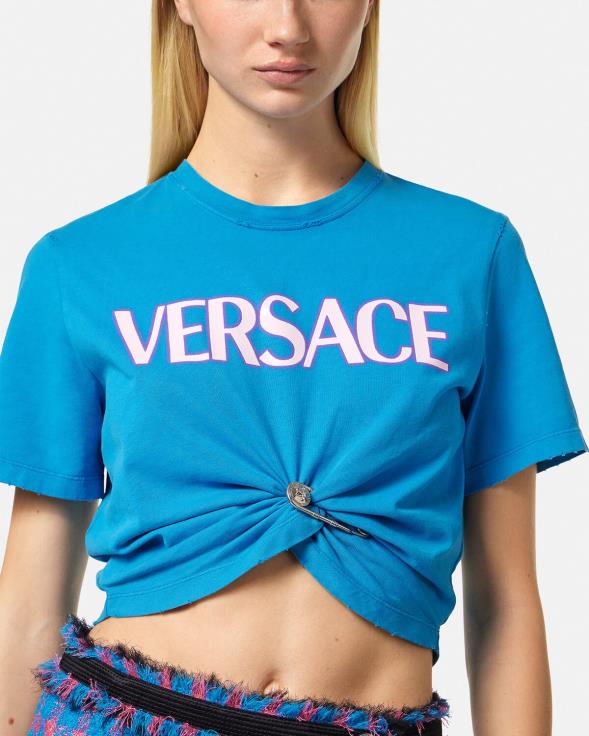 Жене Versace Плави мајица са логотипом сигурносне игле одећу 2DJLH140